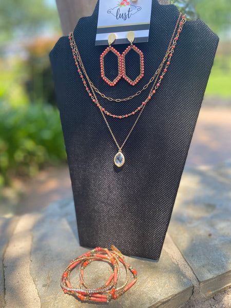 Coral Beaded Stacked with Crystal Charm