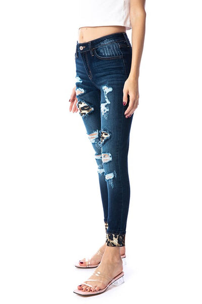 Ripped Dark Wash Mid Rise Super Skinny Jeans with Leopard Patches