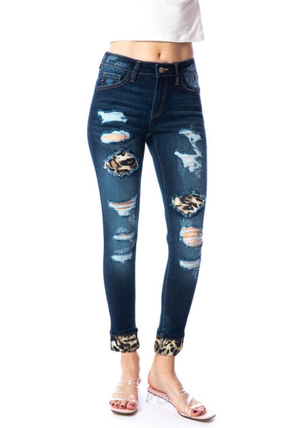 Ripped Dark Wash Mid Rise Super Skinny Jeans with Leopard Patches
