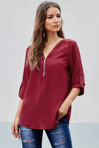 Red 3/4 Sleeve Top with Zipper
