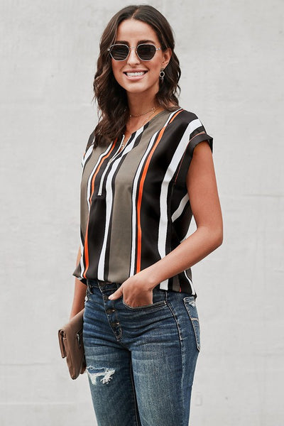 Striped Short Sleeve Top with Zipper
