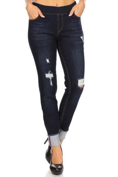 Ripped Denim Jeggings with Stripe Cuff Detail