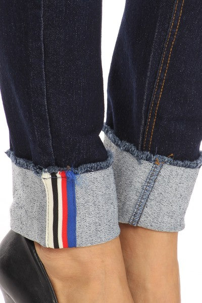 Ripped Denim Jeggings with Stripe Cuff Detail