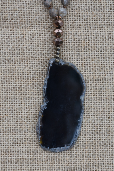 Long Beaded Necklace with Geode Charm