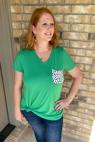 Green Top with Cow Print Pocket