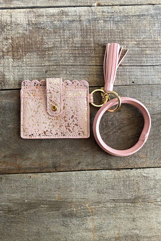 Gold Speckled Pink Leather Wallet Wristlet