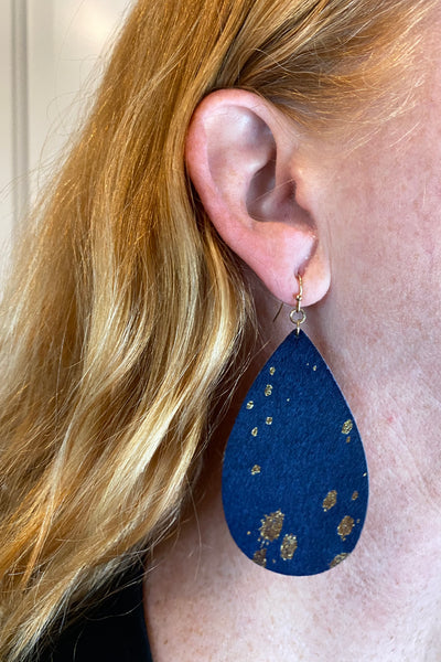 Navy Gold Speckled Leather Hide Earrings