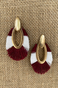 Maroon/White Oval Tassel Earrings