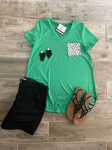 Green Top with Cow Print Pocket