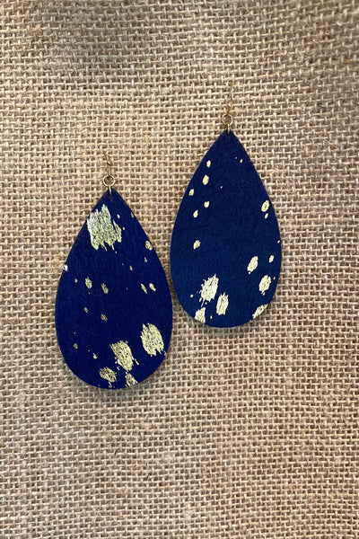 Navy Gold Speckled Leather Hide Earrings